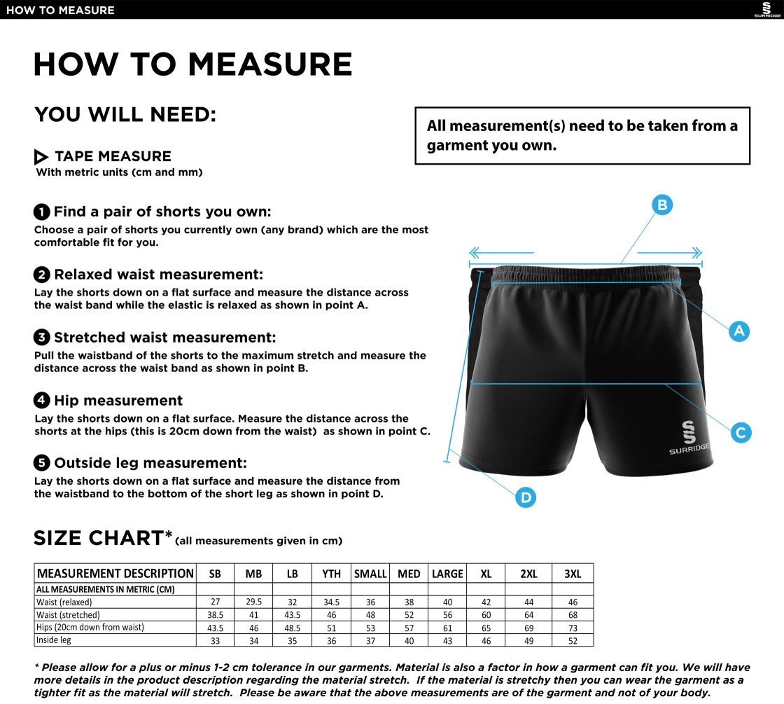 Brookfield School Staff Kit - Performance Gym Short - Navy - Size Guide