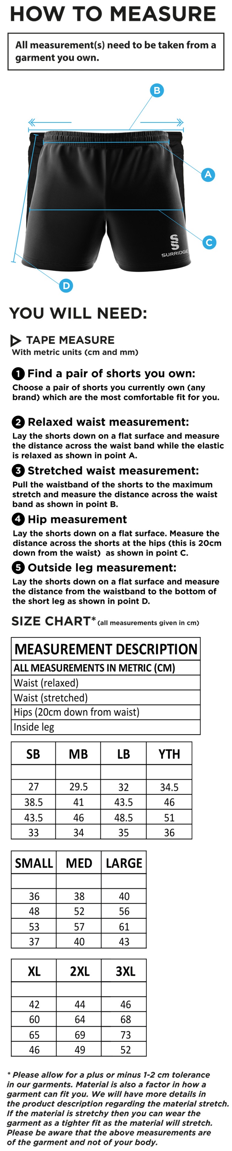 Brookfield School Staff Kit - Performance Gym Short - Navy - Size Guide