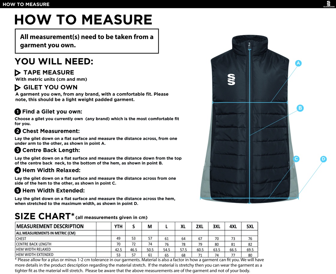 Brookfield School Staff Kit - Padded Bodywarmer - Navy - Size Guide