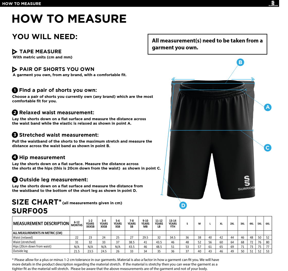 Brookfield School Pupils Kit - Match Short Navy - Size Guide