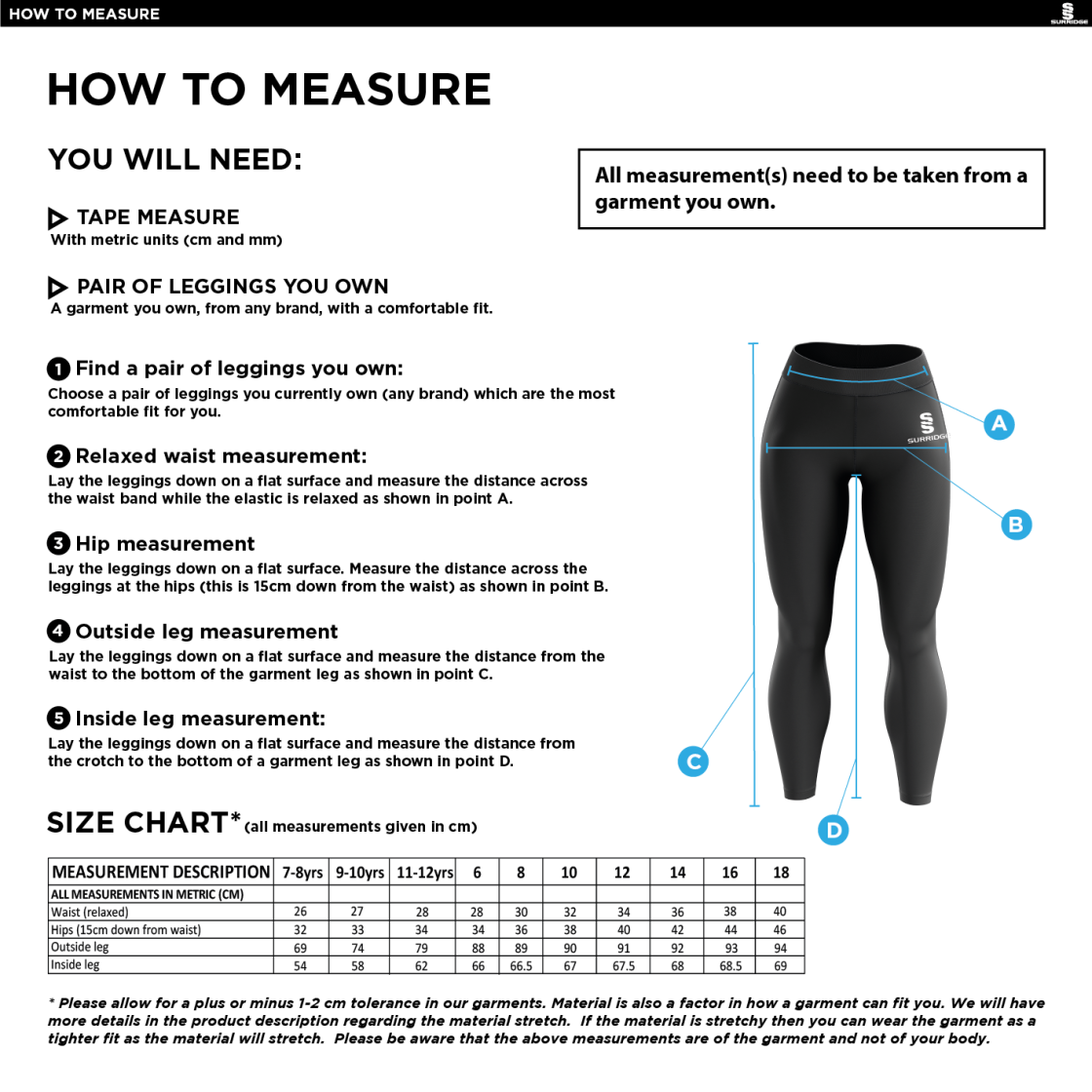 Brookfield School Staff Kit - Performance Full Length Leggings - Navy - Size Guide