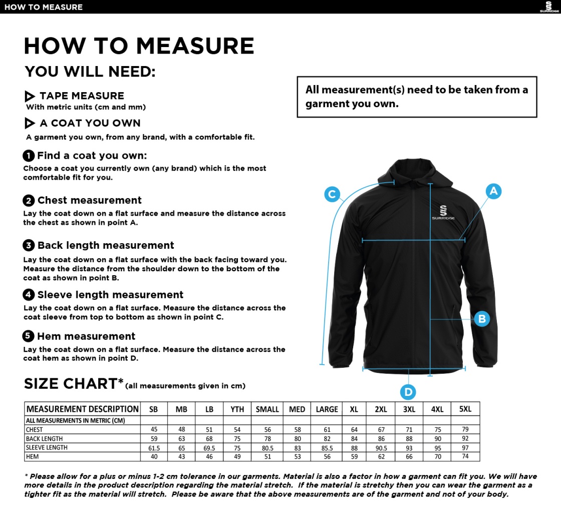 Brookfield School Staff Kit - Dual Full Zip Training Jacket - Navy - Size Guide