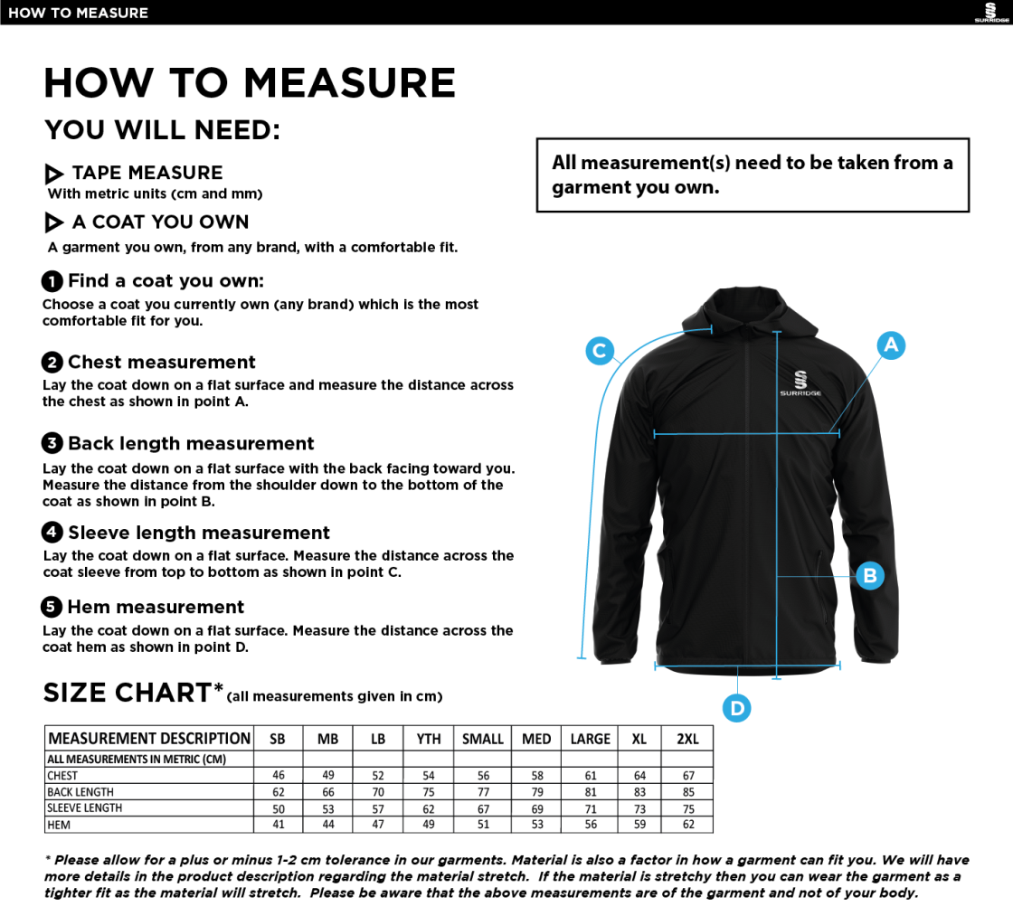 Brookfield School Staff Kit - Dual Full Zip Training Jacket - Navy - Size Guide