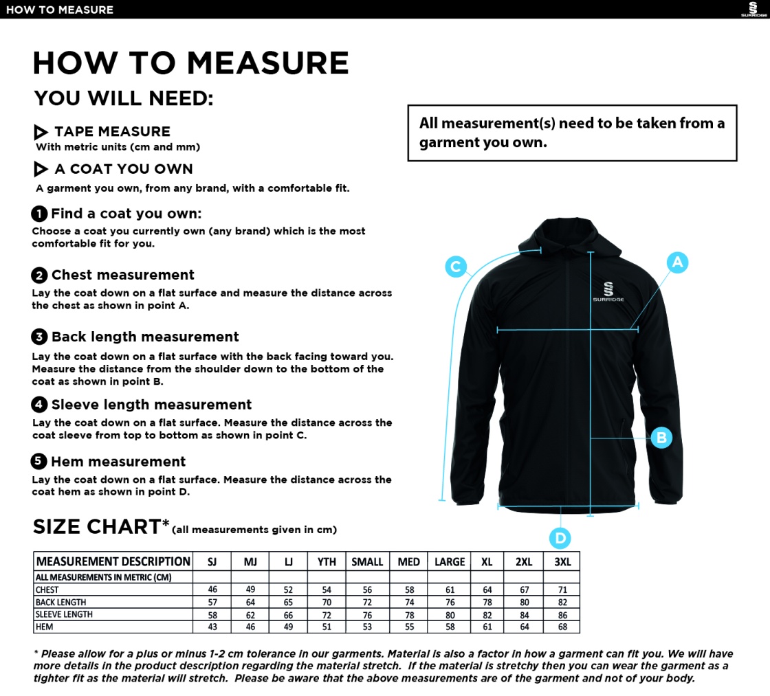 Brookfield School Staff Kit - Dual Elite 1/4 Zip Hoody / Rain Jacket - Navy - Size Guide