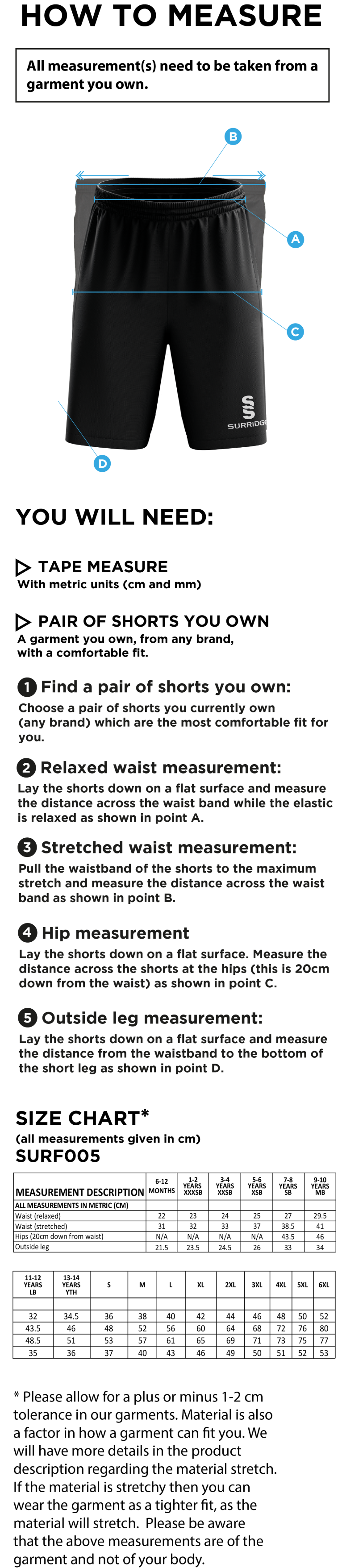 Brookfield School Pupils Kit - Match Short Navy - Size Guide